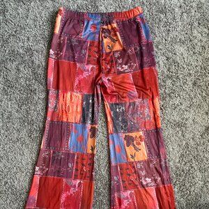 Boho Patchwork Wide Leg Pants – Red & Orange Floral Mix – Size Large